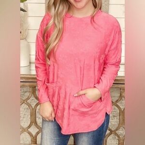 Stylive Pink Daisy Textured Terry Knit Long Sleeve Top Pockets Women's M NWOT
